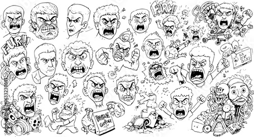 Dynamic collection of cartoon men expressing intense anger and rage, featuring various furious facial expressions, yelling, and abstract representations of explosive emotion.