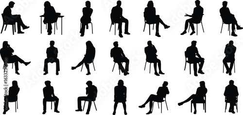 Silhouettes of people sitting on chairs in casual poses, side view and front view, black vector illustration