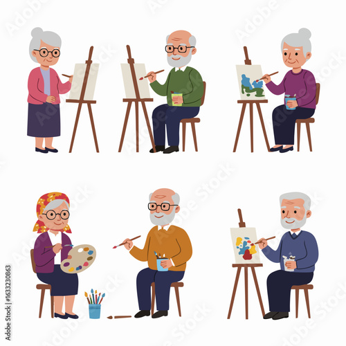 Collection of happy senior people engaging in painting activities, enjoying creative hobbies and art lessons.
