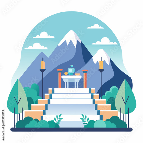 Sacred mountain altar with steps and offerings isolated on white background
