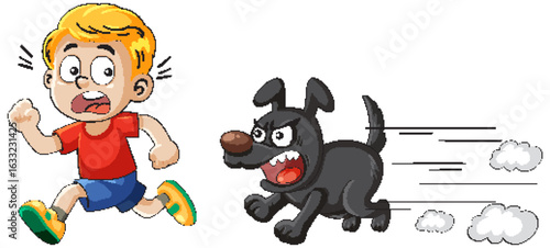 Boy Running from Angry Dog in Cartoon Style
