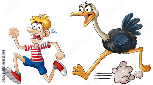 Boy Running from Ostrich in Cartoon Style