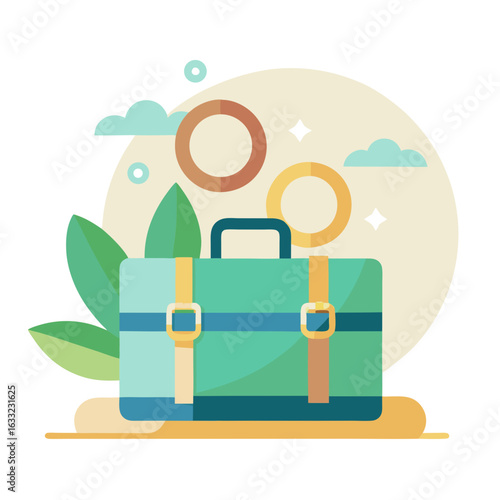 Green briefcase with straps and buckles isolated on white background