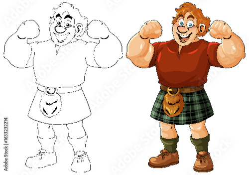 Smiling Cartoon Man in Kilt Flexing Arms
