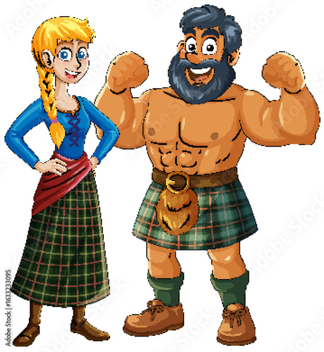 Cartoon Scottish Man and Woman in Traditional Kilts