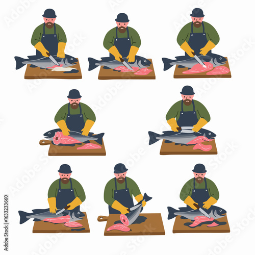 Detailed Steps of a Fishmonger Preparing Fresh Fish Fillets on a Cutting Board Illustration