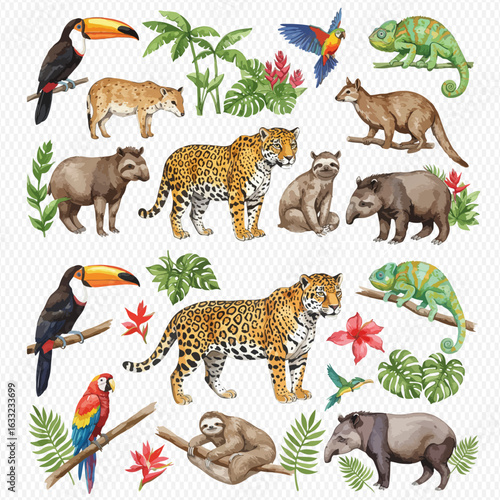 A vibrant watercolor collection of rainforest wildlife including jaguars, toucans, sloths, and tropical plants.