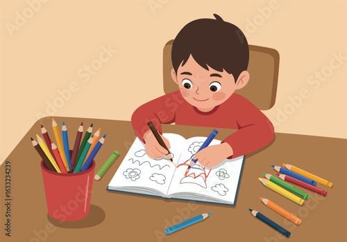 A young woman writing in her journal or notebook while sipping coffee at a desk. Vector illustration concept of studying or creative work.