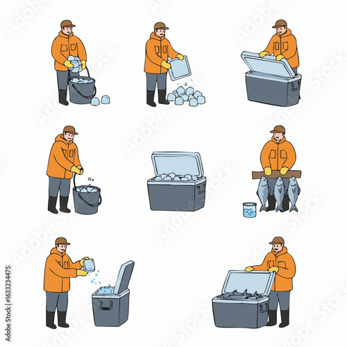 Step-by-step guide for fish preservation using ice and a cooler, demonstrating proper handling for freshness and safety.