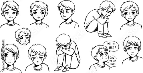 Illustrations of a Sad and Crying Young Boy: A Detailed Study of Emotional Distress, Sorrow, and Despair in Black and White Line Art