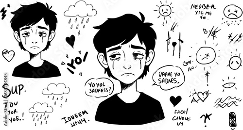 Monochromatic hand-drawn artwork featuring a despondent young man in tears, surrounded by symbolic elements of sorrow and mental anguish.