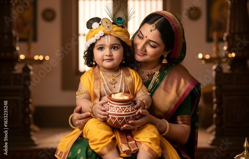 Little Krishna with Loving Mother – Janmashtami Family Art