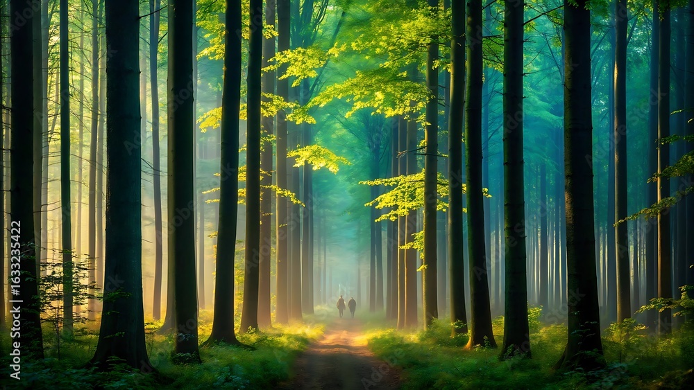 Obraz premium Sunlight filters through tall trees creating a magical path in a vibrant green forest