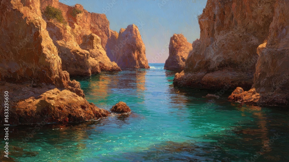Obraz premium Sunny coastal scene, rocky inlets, turquoise water