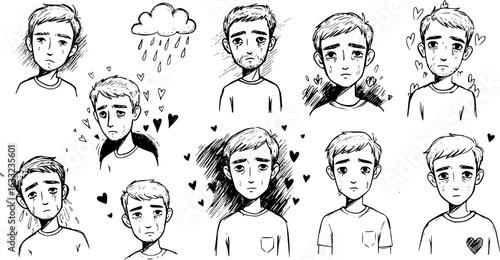 Hand-drawn illustrations of men in emotional distress: a collection of somber portraits depicting sadness, loneliness, and heartbreak with tears, downcast eyes, rain, and symbolic hearts.