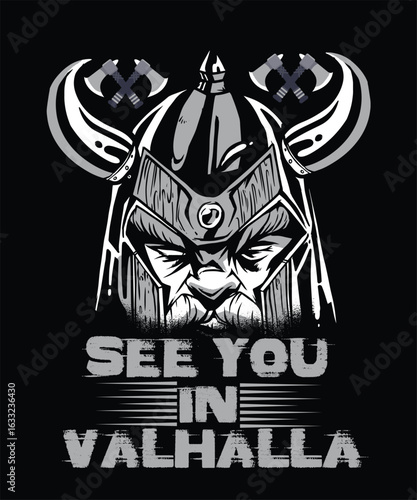 Valhalla Awaits A Grim Viking Warrior Illustration Featuring Cross Axes and Bold Lettering Announcing a Future Battle Destination