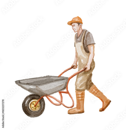 Watercolor worker with wheelbarrow isolated 