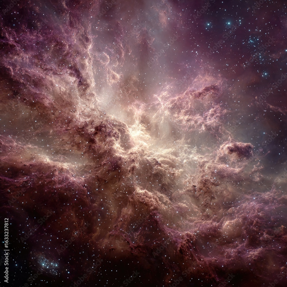 Fototapeta premium Nebula of vibrant purples, pinks, and creams, swirling cosmic clouds, dotted with distant stars