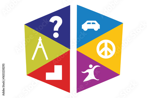 Colorful geometric shapes with abstract icons and symbols set of
