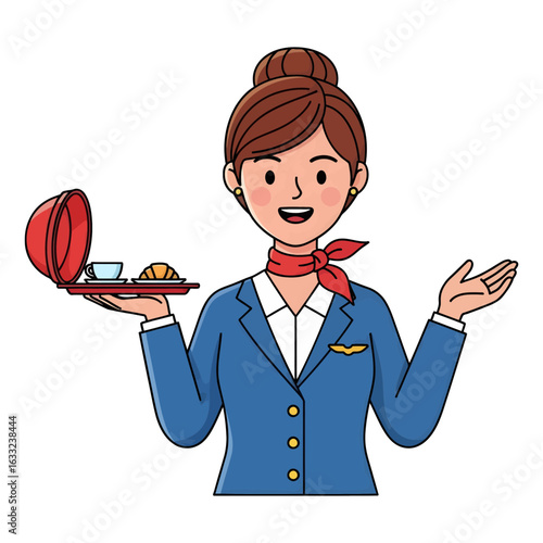 Welcoming flight attendant serving an in-flight meal on a tray. Concept of airline hospitality and professional cabin crew service.