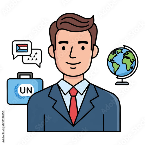 A professional male diplomat representing international relations, global politics, and diplomacy with symbolic icons.