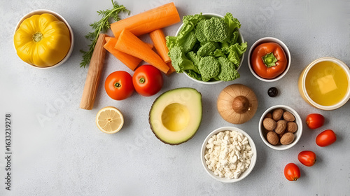 Carbohydrates food sources, top view on a table