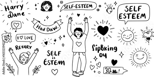 Inspirational black  white hand-drawn doodles: self-esteem, love, happiness, positive vibes, and joyful characters.