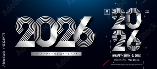 Silver 2026 happy new year text with party event details on dark background Celebration Greeting Festive