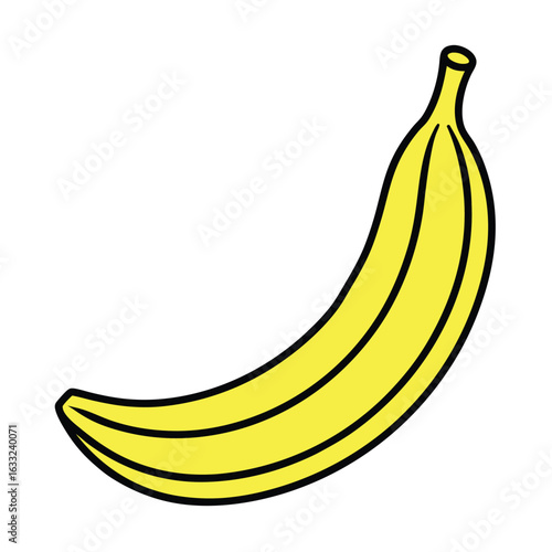 A bright yellow banana, depicted in a simple silhouette style with a bold black outline, isolated on a white background.
