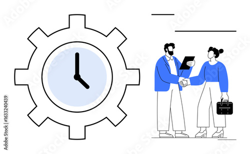 Clock inside gear symbolizes time management, while businesspeople handshake, discuss documents, and carry a briefcase. Ideal for collaboration, teamwork, productivity, deadlines, planning