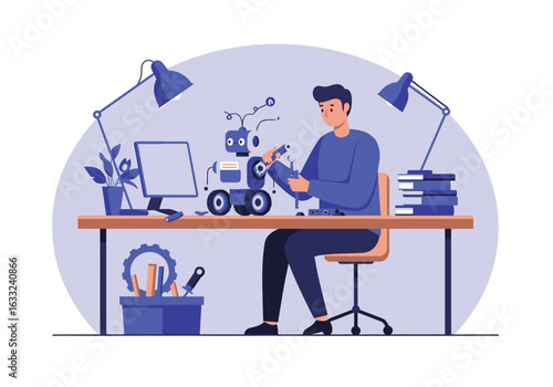Male engineer focused on assembling an innovative robot at his workshop desk. Concept of technological advancement and automation.