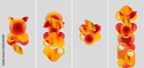 Abstract orange shapes overlap, creating dynamic compositions. Panels display variations, gradients, soft shadows. Modern design elements present visual harmony.