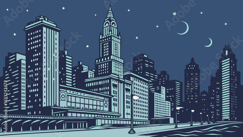 Night cityscape illustration of urban skyline with skyscrapers and moonlit sky vector graphic design