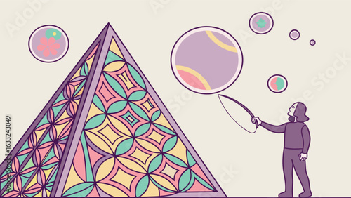 Colorful pyramid with geometric shapes and bubbles art illustration for creative design projects and backgrounds