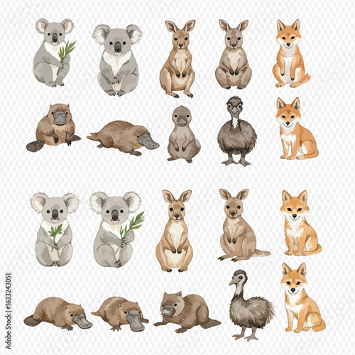 A charming watercolor illustration set of various Australian animals, including koalas, kangaroos, dingoes, wombats, and emus.
