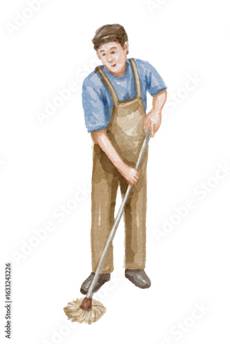 Hand painted watercolor cleaning service washing floor isolated