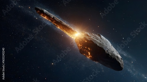 A single meteor fragment hovering in space, trailing fine shimmering stardust particles as it floats, soft rim light from distant stars, high-detail photorealistic renders, no people, Generative Ai

