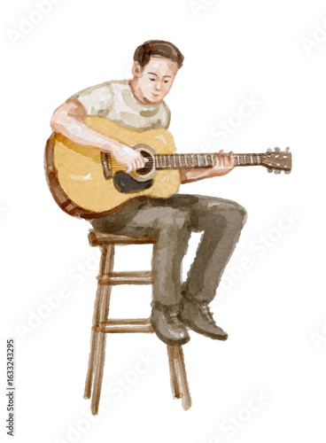 Hand painted watercolor male acoustic guitarist sitting on a chair isolated