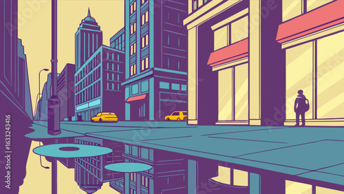 Cityscape street scene with reflections urban architecture and yellow cabs downtown illustration art style
