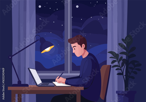 Diligent man concentrating on his studies or remote work at a desk by a window during the night, illuminated by a single bright desk lamp