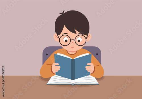 A clever young boy with glasses is engrossed in reading a book at his desk. This charming illustration represents childhood education and learning.