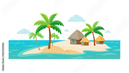 Tropical island vacation getaway with palm trees huts and ocean vector illustration for travel and tourism