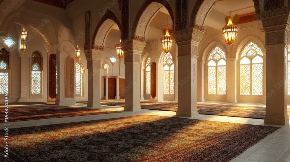 Fototapeta premium Serene Mosque Interior: Sunlight Illuminates Islamic Architecture