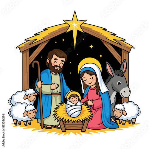 The birth of baby Jesus cartoon. The birth of baby Jesus in a manger in a sheepfold. With Saint Joseph and Mother Mary. Vector flat design cartoon. AI generated images.