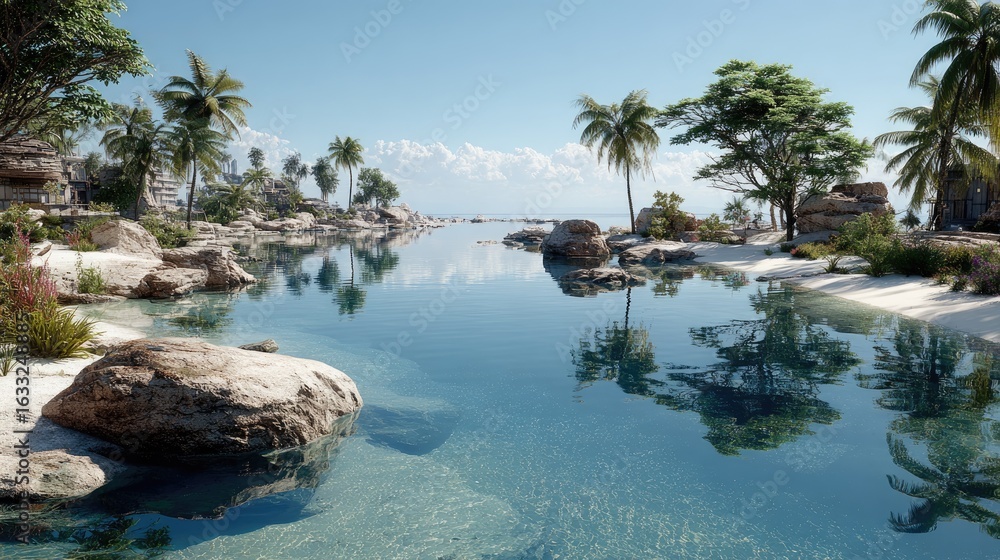 Fototapeta premium Tropical cove with crystal-clear water, palm trees, and rocks
