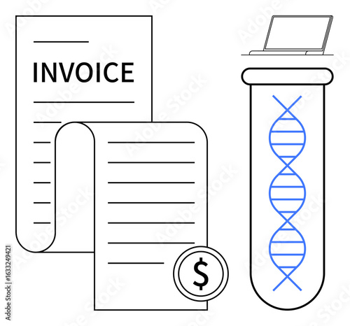 Invoice papers with a dollar sign, test tube showcasing a DNA helix, and a laptop present contrasting business and biotech concepts. Ideal for finance, research, healthcare, innovation, science