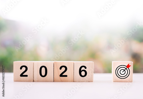 Wooden blocks with the number 2026 with nature background. The concept of Goal achievement , target, strategy and success in 2026
