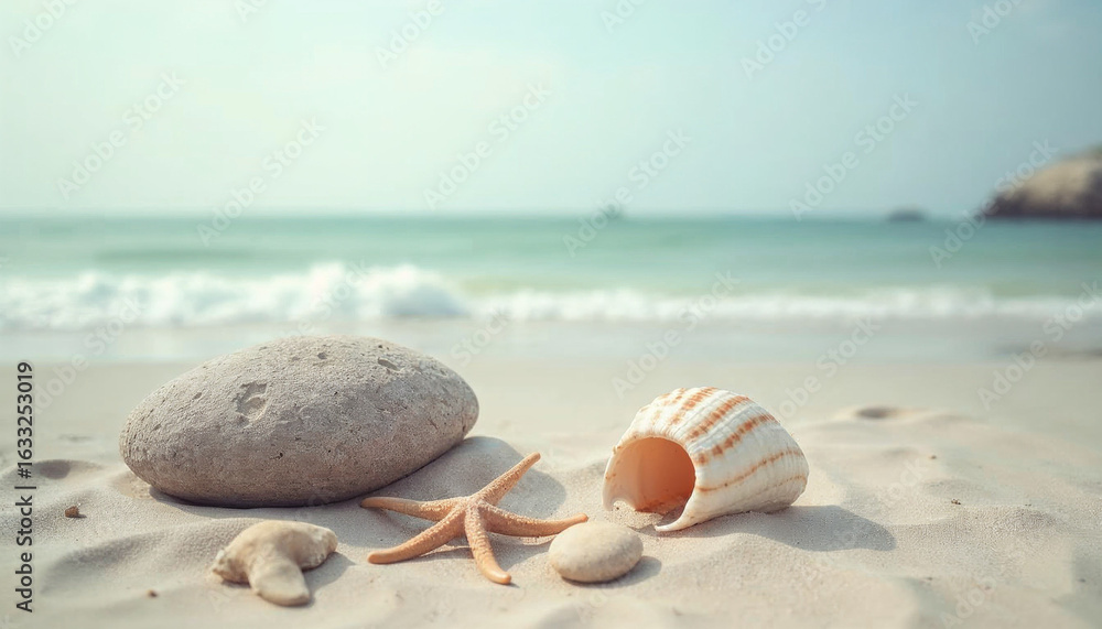 Obraz premium Stone podium for summer cosmetics product presentation on blurred tropical sea sand beach background