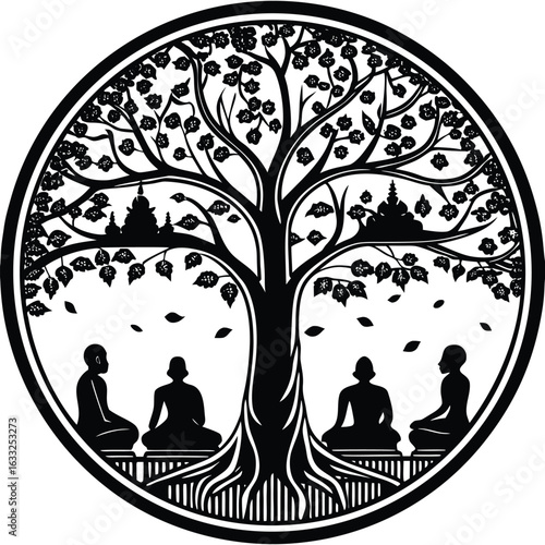 Meditating monks under a stylized tree of life with buddhist stupas in the branches silhouette