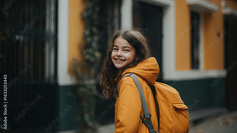 Fototapeta premium School girl standing outdoors with large backpack, dressed in stylish autumn outfit and looking confident